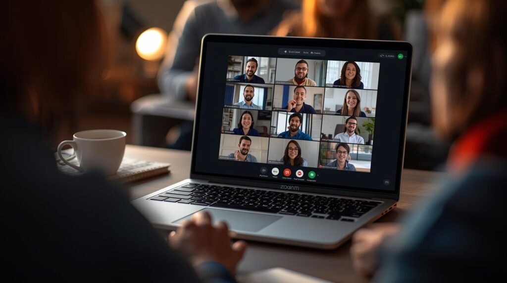 a group of people attending a live online class on zoom, diverse faces o